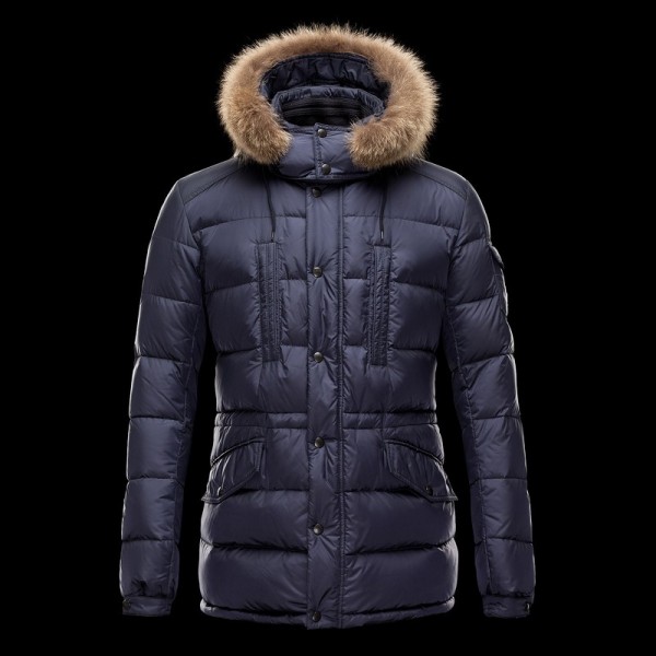 Moncler Navy lunga Cap Fur semplice e bottoni Cappotti